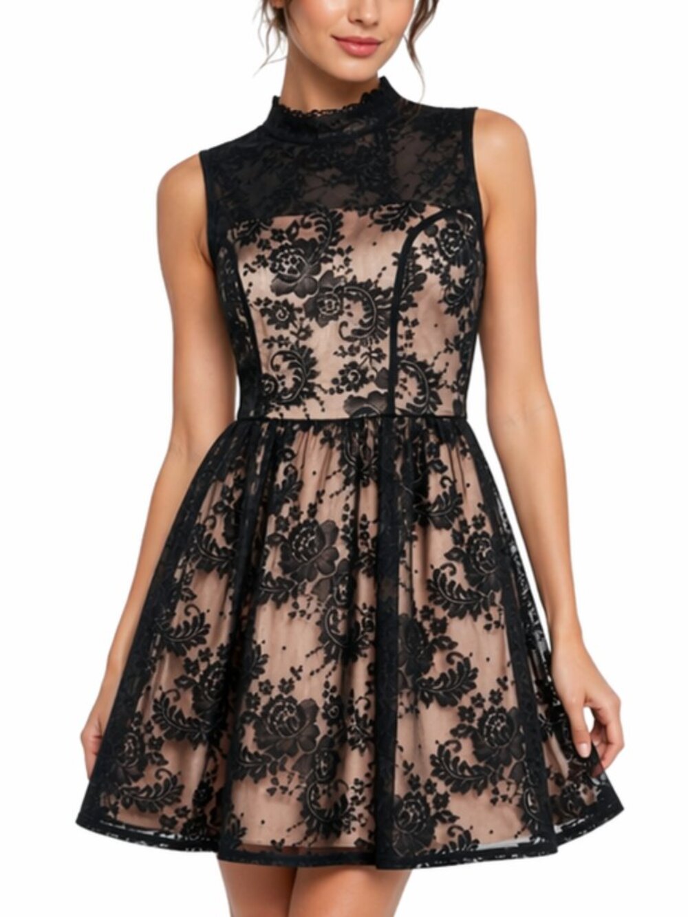 City Studio Cocktail Dress Black Lace Overlay Mini Size 7